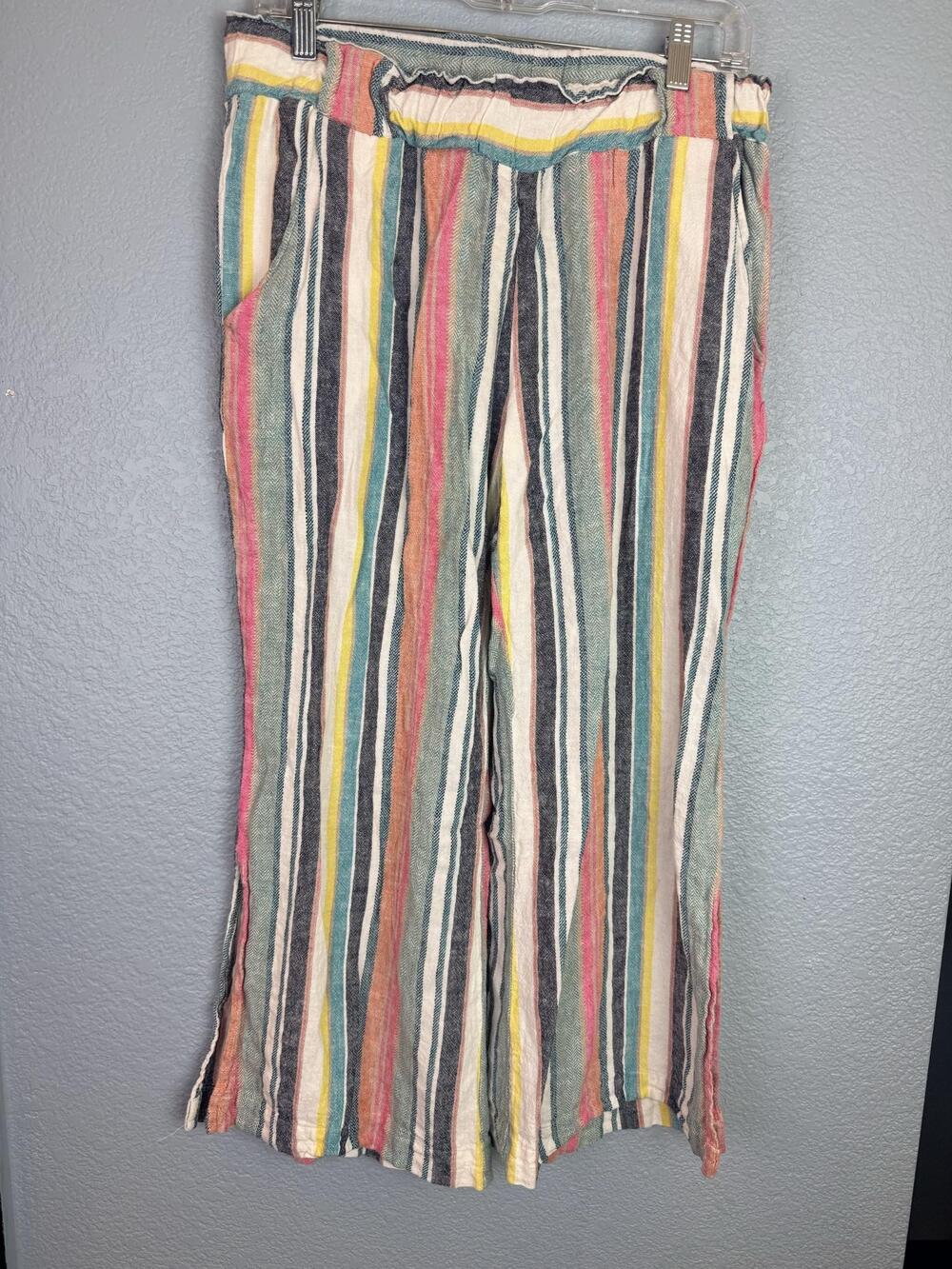 Indigo Rein Pants Womens Large Multicolor Stripe Linen Crop Elastic Waist Boho